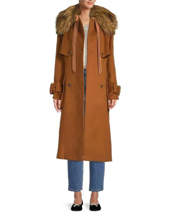 Double Breasted Detachable Fur Hood Coat