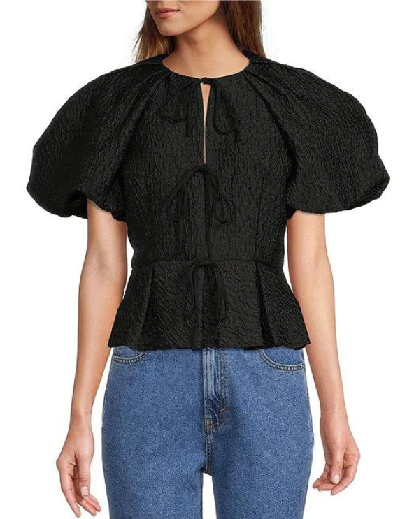 Puff Sleeve Tie Front Blouse